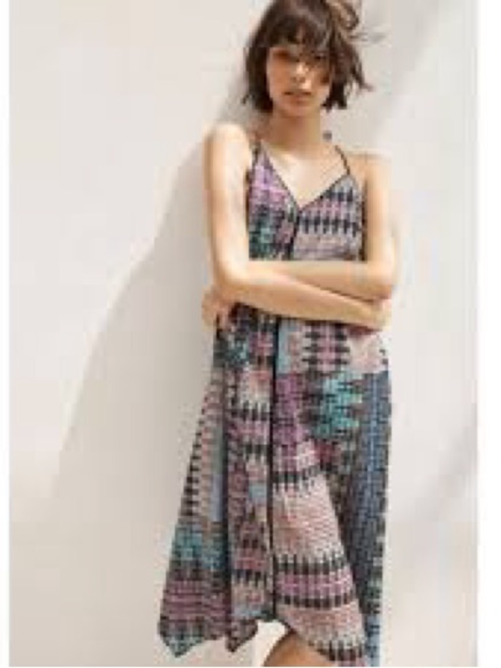 V-Neck Geometric Midi Dress in Pink & Blue